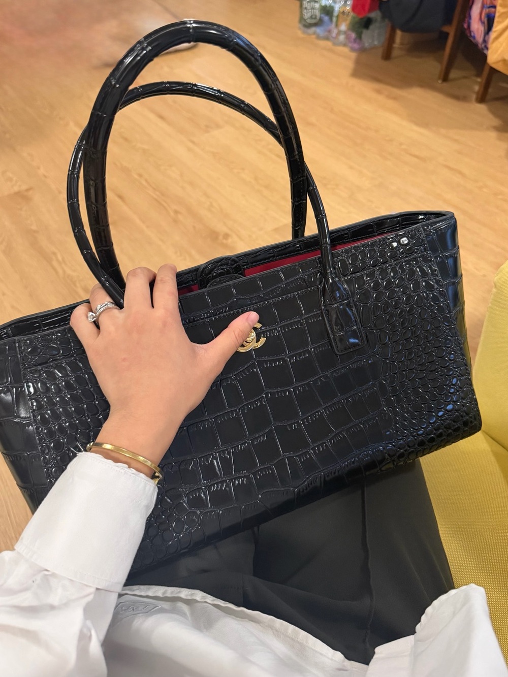 Black Croc-Embossed Tote Bag with Gold Hardware